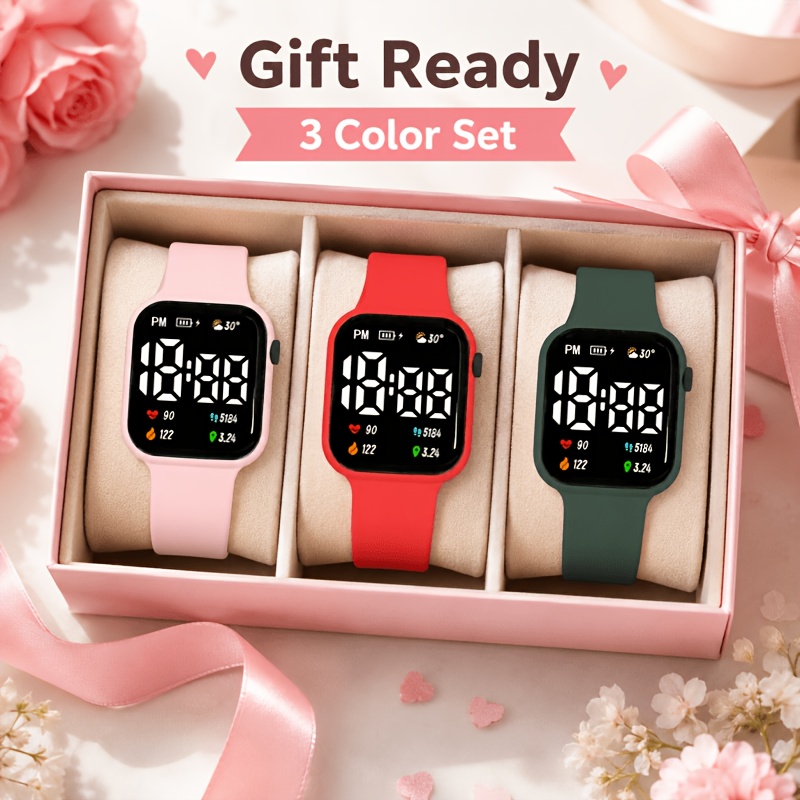 3pcs Square LED Digital Watch Set, Unisex Gift